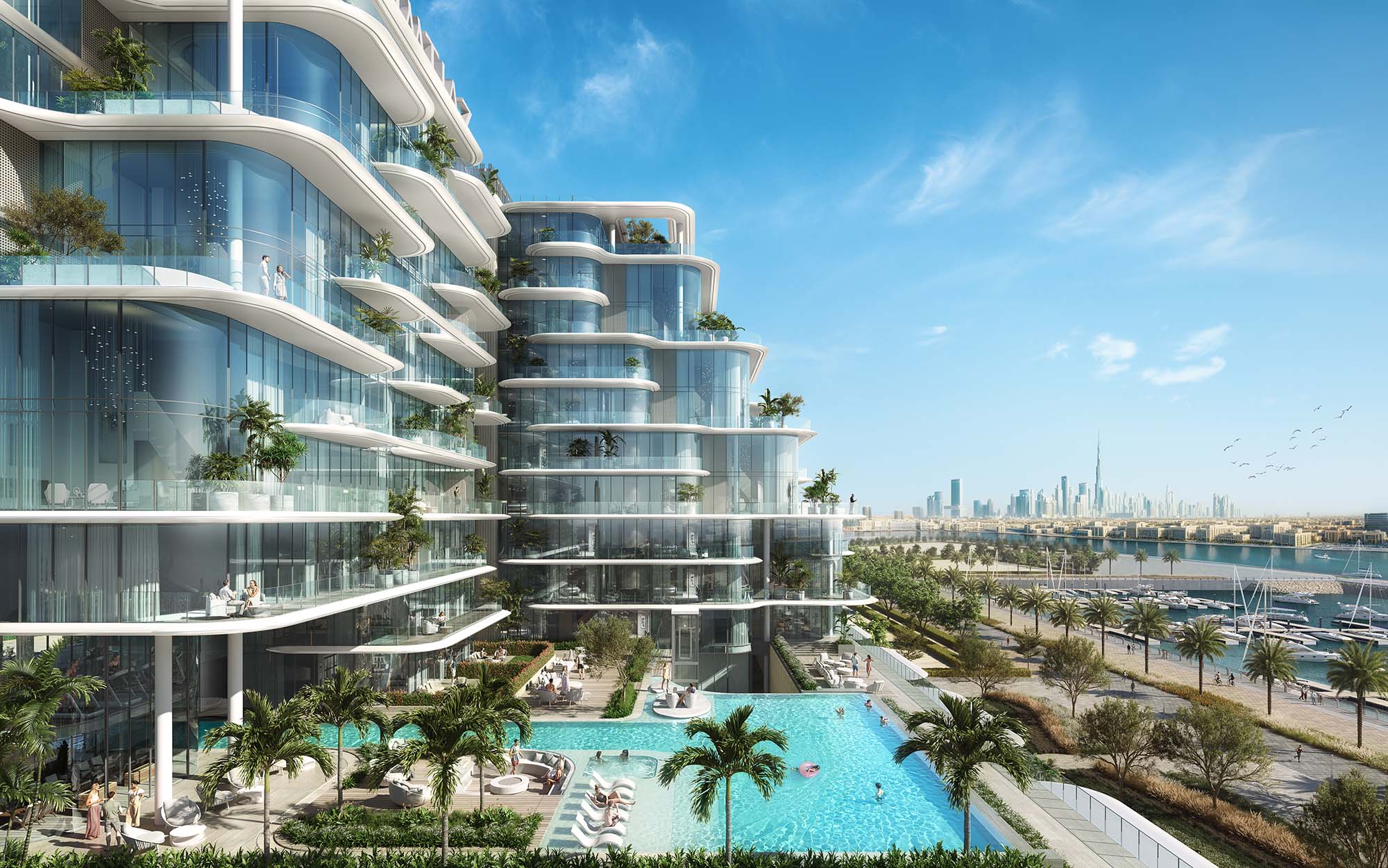 Cotier House By Imtiaz Modern beachfront residential building with balconies, swimming pool, palm trees, and a skyline view in the background.